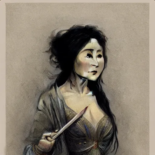 Prompt: beautiful lifelike award winning pencil illustration of the love child of yoko ono and rolly trending on art station artgerm greg rutkowski alphonse mucha museum quality cinematic atmospheric