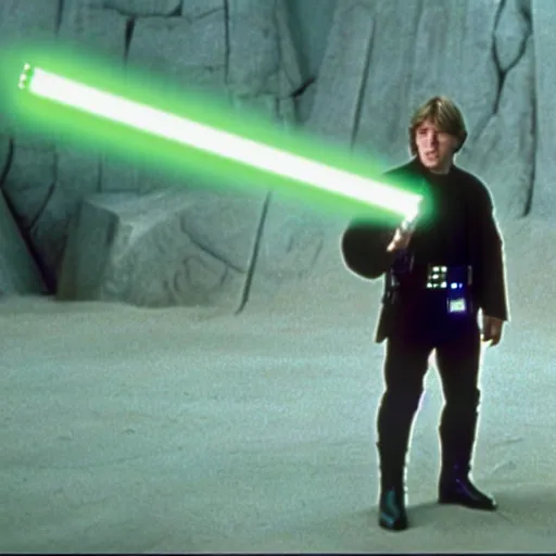 Prompt: A still of Luke Skywalker holding his green lightsaber and looking concerned from Star Wars, 1990, Directed by Steven Spielberg, 35mm