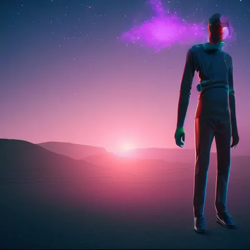 Prompt: realistic man standing in high desert, cyberpunk, digital art, trending on artstation, neon, desert, stars, vaporwave, retrowave, synthpop, 1 9 8 0 s, colorful, glowing, purple