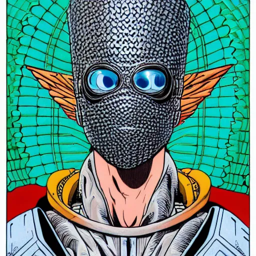 Prompt: close up portrait of the masked cyber archangel, intricate, highly detailed, masterful, in the style of moebius, akira toriyama, jean giraud