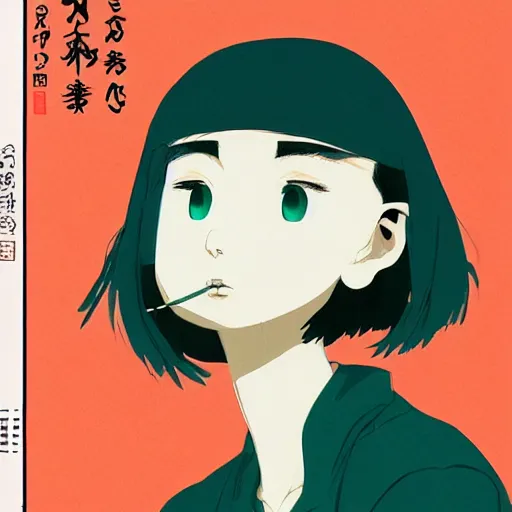 Prompt: a woman smoking, beautiful face, street at night, long hair ， full color, beautifully drawn coherent professional, drawn by ilya kuvshinov, ilya kuvshinov, satoshi kon and tsutomu nihei. japanese script kanji hiragana on the cover. minimalist stylized cover art. blue green cel shaded