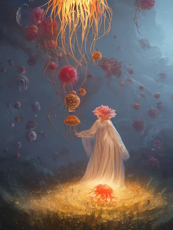 Image similar to a fancy portrait of a giant floating flower and jellyfish by Greg Rutkowski, Sung Choi, Mitchell Mohrhauser, Maciej Kuciara, Johnson Ting, Maxim Verehin, Peter Konig, Bloodborne, beeple, 8k photorealistic, cinematic lighting, HD, high details, atmospheric , trending on artstation. made in Maya, Blender and Photoshop, octane render, excellent composition, cinematic dystopian brutalist atmosphere, dynamic dramatic cinematic lighting, aesthetic, very inspirational, arthouse. y Greg Rutkowski, Ilya Kuvshinov, WLOP, Stanley Artgerm Lau, Ruan Jia and Fenghua Zhong