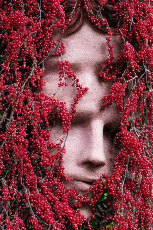 Image similar to a human figure made entirely out of redcurrant bushes ( ribes aureum ), surreal portrait, portra, 2 5 mm