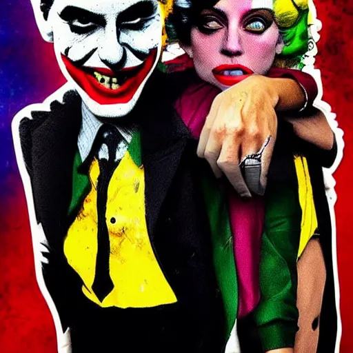 Image similar to mimmo rottela and banksy as joaquin phoenix skinny joker holding hand lady gaga harley queen, ultra photorealistic, extreme realistic, intricate details, pop art style, concept art, confident, love, random object movement, 3 colours, warm color, 4 k, ultra smooth, sharp focus