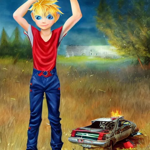 Prompt: a skinny teen boy as a fantasy elf with spiky blonde hair wearing dark brown overalls and holding a firecracker standing next to a destroyed car, painting by artgerm