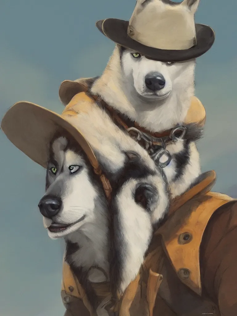 Image similar to a portrait painting of a husky in cowboy costume, wearing a cowboy hat, by studio ghibli, in the style of anime, [ western film ], humanoid, personify, anthropomorphic, trending on artstation