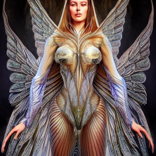 Image similar to a beautiful symmetrical woman full body wearing diamond cloth with translucent wings by alex gray and android jones , Karol Bak, Ayami Kojima, Amano , concept art, character design, fantasy,3D, 8k resolution