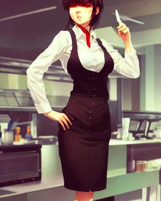 Image similar to full body shot of a beautiful waitress woman in work attire, art by saruei and guweiz and ilya kuvshinov, digital art, highly detailed, intricate, sharp focus, trending on artstation hq, deviantart, pinterest, unreal engine 5, 4 k uhd image