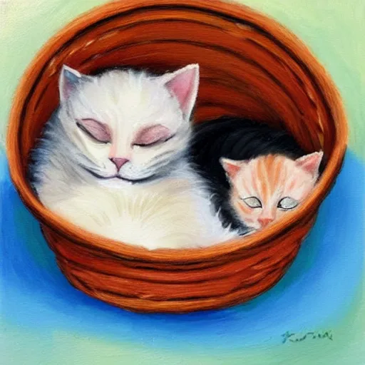 Prompt: two kittens sleeping in a basket, oil paint, warm color palette, happy