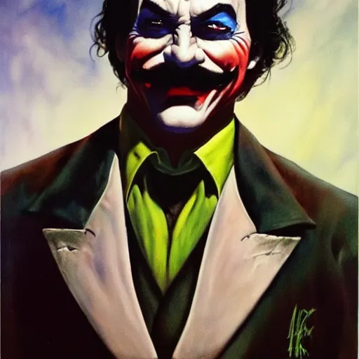 Prompt: ultra realistic portrait painting of tom selleck as the joker, art by frank frazetta, 4 k, ultra realistic, highly detailed, epic lighting