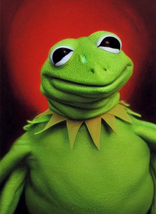 Image similar to portrait of Kermit the frog in The Blob (1988), highly detailed, centered, solid color background, digital painting, artstation, concept art, smooth, sharp focus, illustration, artgerm, donato giancola, Joseph Christian Leyendecker, Les Edwards, Ed Repka, WLOP, Artgerm