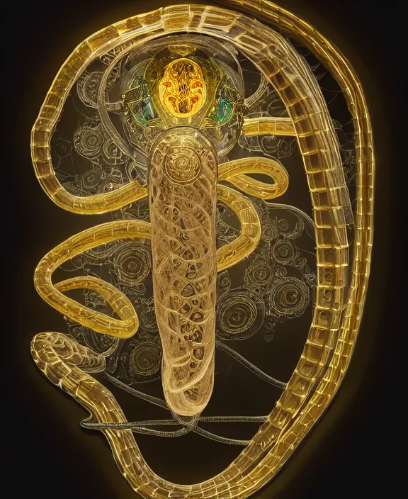 Image similar to intricate opulent transparent clear see - through portrait of handsome masculine snake, fractal, neon lights, circuitry, industrial environment, ultra realistic, concept art, art nouveau, photorealistic, octane render, 8 k, unreal engine. art by nori inoguchi and sam kaplan and zachary goulko and christopher marley and artgerm and alphonse mucha