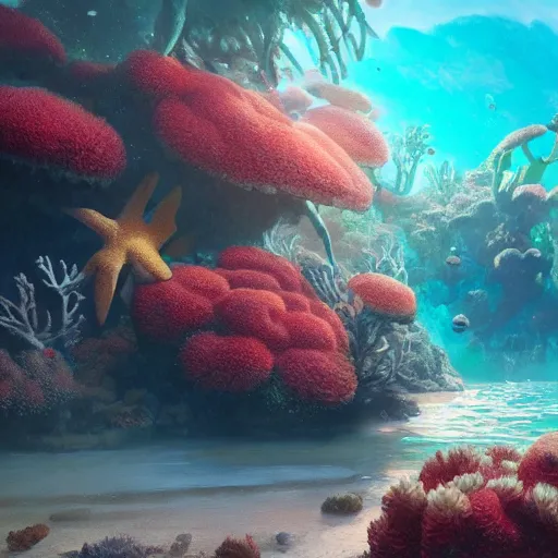 Image similar to beaufiful coral reef photorealistic painting, wlop, concept art, octane render, deviantart, greg rutkowski, cinematic, artstation, key art, hyperrealism