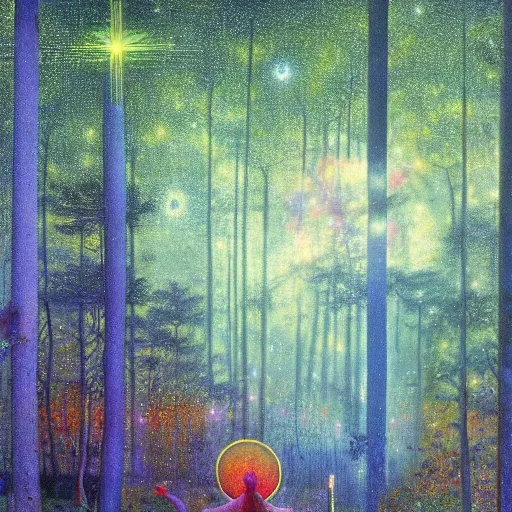 Image similar to psychedelic morning in the middle of the day lush pine forest, outer space, milky way, designed by arnold bocklin, jules bastien - lepage, tarsila do amaral, wayne barlowe and gustave baumann, cheval michael, trending on artstation, star, sharp focus, colorful refracted sparkles and lines, soft light, 8 k 4 k