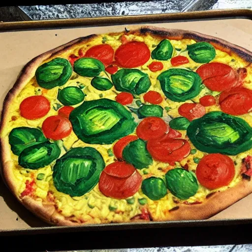 Image similar to detailed vegetable pizza painting by van gogh