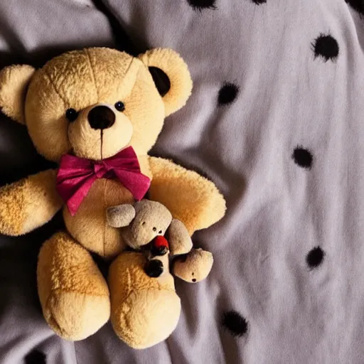 Prompt: cute spider cuddling a teddy bear while it lays in bed