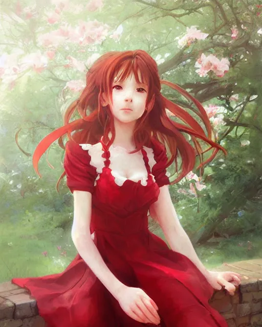 Prompt: aerith gainsborough in red cottagecore dress, portrait, illustration, rim light, top light, perfectly shaded, spring time, slight overcast lighting, soft painting, art by krenz cushart and wenjun lin