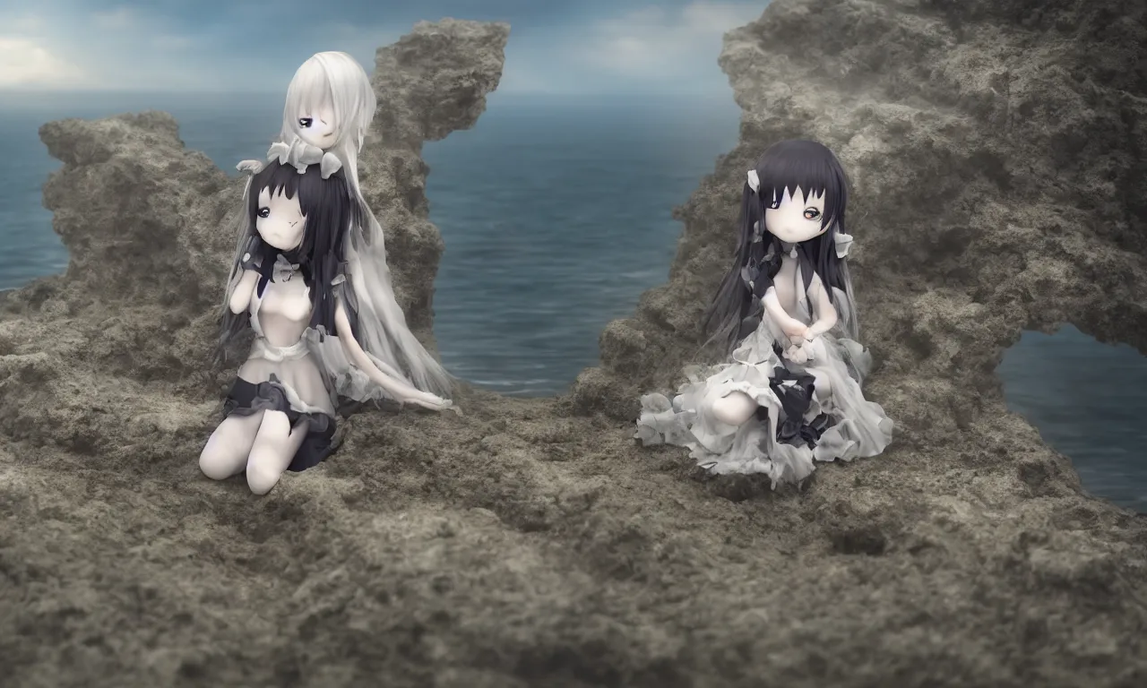 Image similar to cute fumo plush girl enigmatic gothic maiden anime girl on an abandoned island surrounded by the sea, marine seascape, vignette, vray