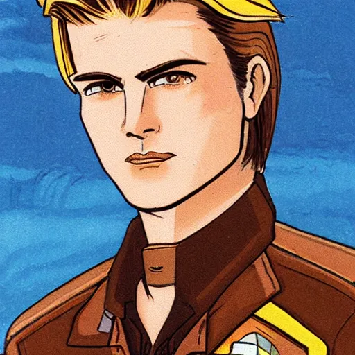 Image similar to character concept art of handsome butch princely heroic square - jawed emotionless serious blonde woman aviator, with very short butch slicked - back hair, wearing brown leather jacket, standing in front of small spacecraft, illustration, science fiction, highly detailed, ron cobb, mike mignogna