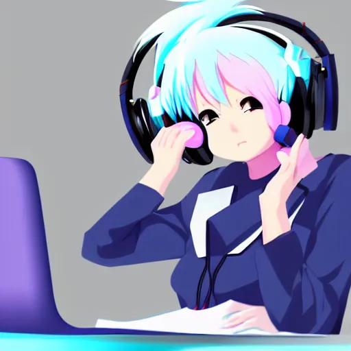 Image similar to anime girl with white hair and blue eyes, wearing cat ear headphones, sitting at desk at keyboard, programming, cute, pixiv, anime