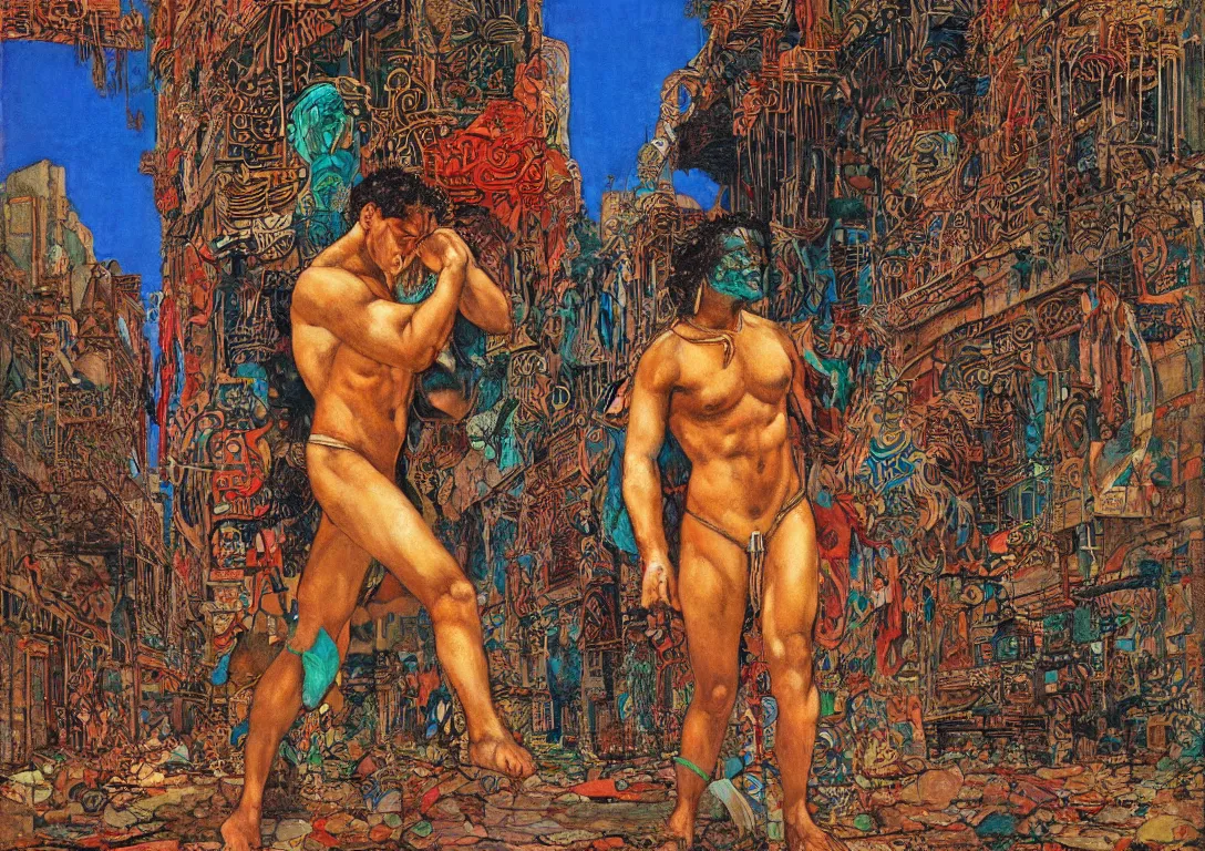 Image similar to a polynesian greek god searching through the streets of an abandoned city, sparse detail, complementary color scheme, by george luks, mati klarwein and moebius