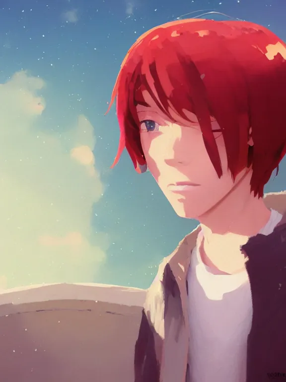 Prompt: [portrait of a red hair boy, makoto shinkai, thomas kinkade, james gilleard, very awesome]