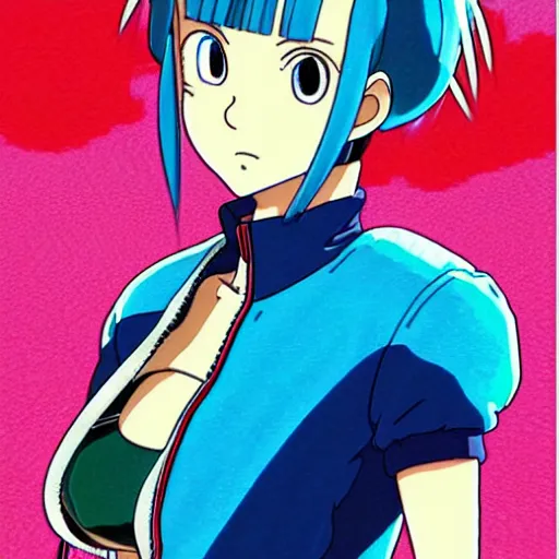 Image similar to a beautiful! boyish! natalie portman as bulma alluring gravure! model, wearing hip hop mayan bomber jacket and leotard with native style overalls, bulky poofy bomber jacket with mayan patterns, guilty gear art style, trending on pixiv, painted by makoto shinkai takashi takeuchi studio ghibli, akihiko yoshida