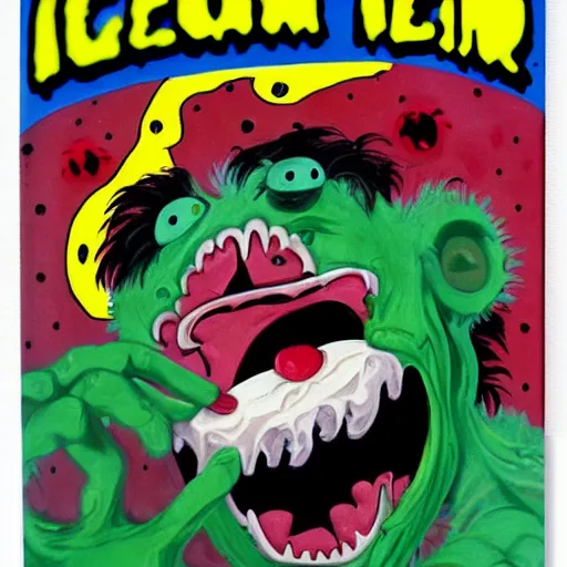 Image similar to ice cream monster man laughing, 1 9 8 6 horror painted art book cover, thick lines