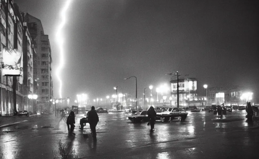 Image similar to 70s movie still of a soviet street with pedestrians with soviet high rise in the backround , Cinestill 800t 18mm beuatiful black and white, heavy grainy picture, very detailed, high quality, 4k panoramic, dramatic lightning, neon billboards and streetlight at night, rain, mud, foggy, big sculpture of Lenin on a square