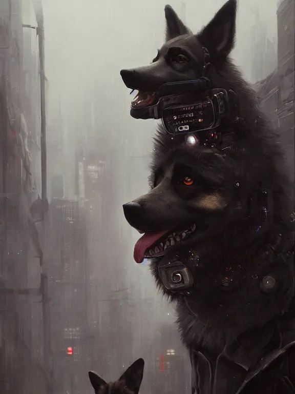 Image similar to new york city portrait of furry anthro anthropomorphic german shepard head animal person fursona wearing clothes strange cybernetic muzzle gloomy rainy cyberpunk digital art by Greg Rutkowski, Simon Stalenhag, trending on Artstation, CGSociety