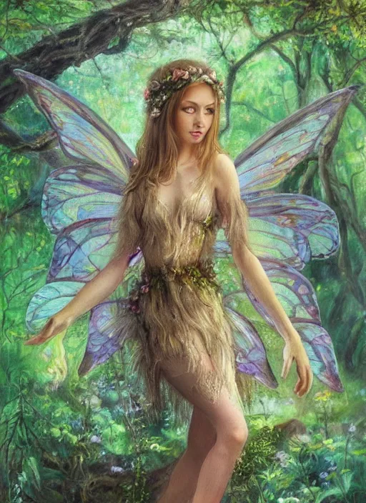 Image similar to beautiful oil painting full body portrait fairy faerie fey princess standing in forest highly detailed subtle alluring