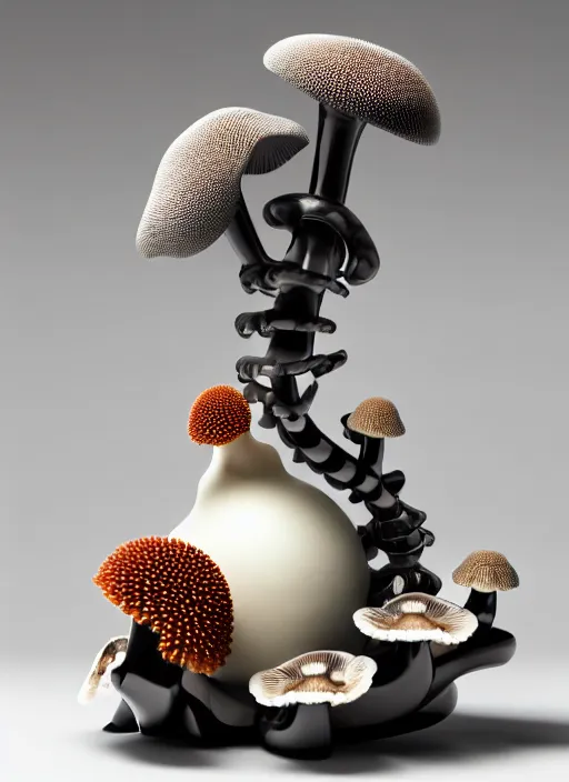 Image similar to perfume bottle surrounded sitting on a biomechanical black corals table made of corals, mushrooms, puffballs, rhizomorphs in an ivory room well contoured smooth fair walls, up close shot, sharp focus, global illumination, radiant light, alexandre ferra white mecha, irakli nadar, octane highly render, 4 k, ultra hd,