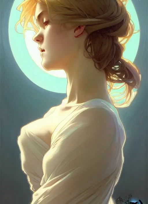 Prompt: digital character concept art by artgerm and greg rutkowski and alphonse mucha. clear portrait of a modern young wife blessed by god to unstoppably grow more perfect and fertile!! blonde, in clothes! holy full - figured! shy, light effect. hyper detailed, glowing lights!! intricate, elegant, digital painting, artstation, smooth, sharp focus