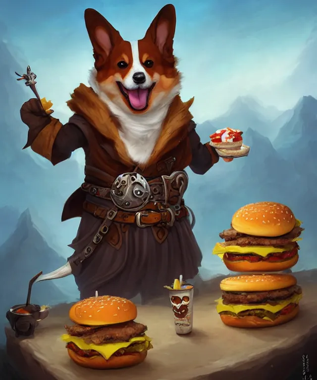 Image similar to a portrait of an anthropomorphic corgi pirate eating hamburgers and fries, restaurant in background, cute and adorable, dnd character art portrait, well rendered matte fantasy painting, deviantart artstation, by jason felix by steve argyle by tyler jacobson by peter mohrbacher, cinematic lighting