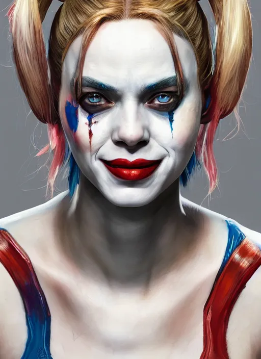 Image similar to portrait of harley quinn, au naturel, hyper detailed, digital art, trending in artstation, cinematic lighting, studio quality, smooth render, unreal engine 5 rendered, octane rendered, art style by klimt and nixeu and ian sprigger and wlop and krenz cushart