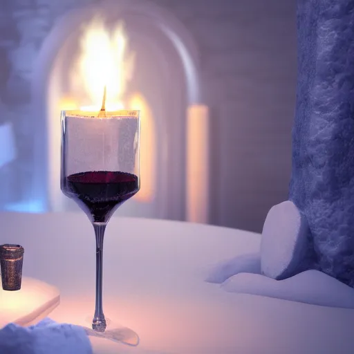 Prompt: wine bottle in candle - lit cool luxury igloo, highly detailed, concept art, realistic, octane render, unreal engine, up close shot