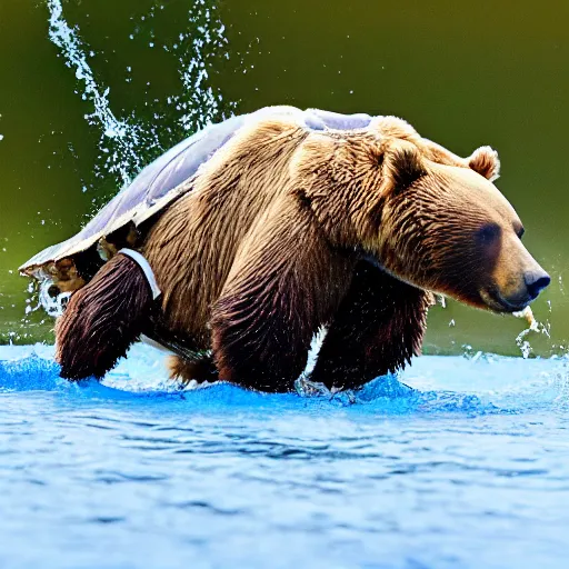 Image similar to a bear is kicking a turtle sitting on a football