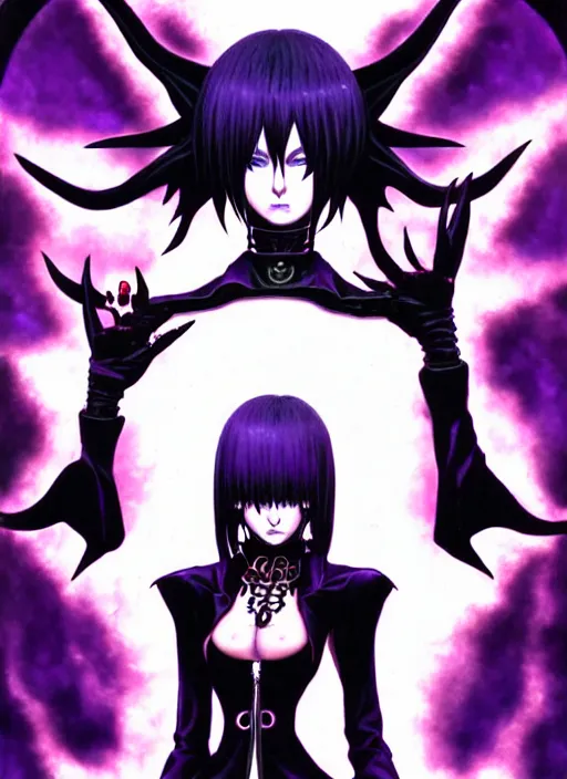 Image similar to shin megami tensei art of a demon called goth girlfriend, art by kazuma kaneko, demonic! compedium!, digital drawing, white background, very high quality, very highly detailed