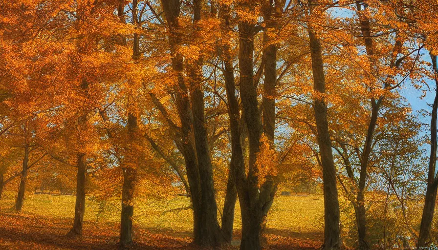 Image similar to maple trees, autumn, new jersey, northwest, farm, high quality, high detail, warm light, watercolor