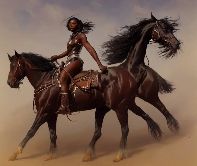 Image similar to full body portrait of beautiful black woman on horseback, beautiful clydesdale, highly detailed, digital painting, artstation, concept art, smooth, sharp focus, illustration, face by wlop, illustrated by mars ravelo and greg rutkowski