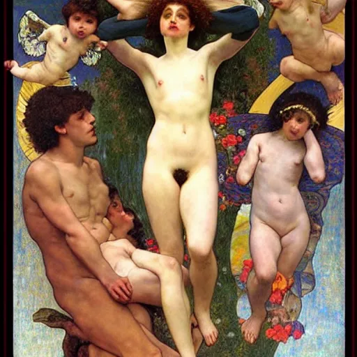 Prompt: stairway to heaven, dynamic contrapposto, william - adolphe bouguereau, egon schiele, gustav klimt, alphonse mucha