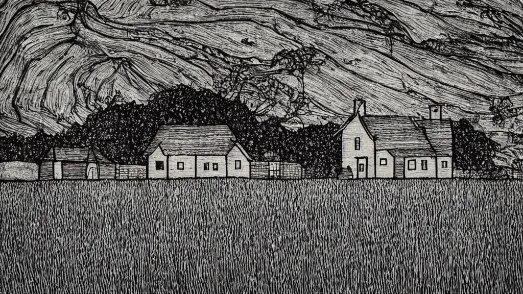 Prompt: a house in a field etching art style