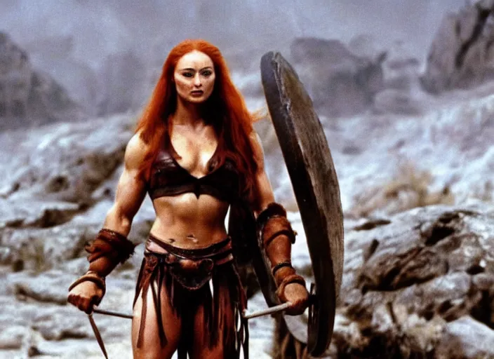 Image similar to still of muscular sophie turner in conan the barbarian directed by frank frazetta, high resolution