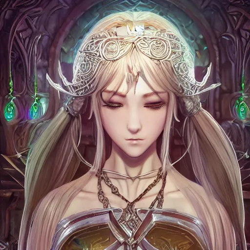 Prompt: happy elven priestess in the temple, mqrrim, fancy silver runes, intricate braided hair, plump body, manga panel by kosuke kurose, soft lighting, highly detailed face, cozy atmosphere, sharp focus, artstation, secret of mana, sophie anderson, arnold armitage, loish