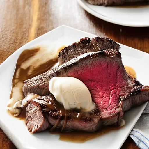 Prompt: steak topped with ice cream, cookbook photo