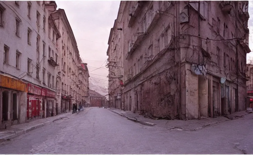 Image similar to movie still of a soviet street from Sarajevo in 1960s , Cinestill 800t 18mm