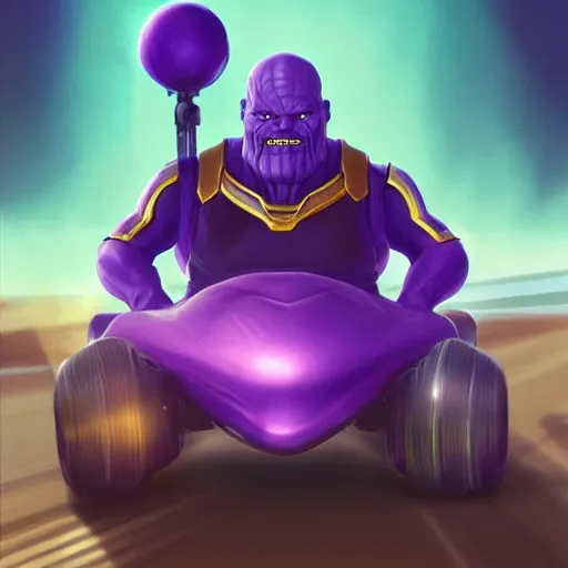 Image similar to Thanos as a new character in Mario Kart Tour, artstation,concept art, hyperdetalied,