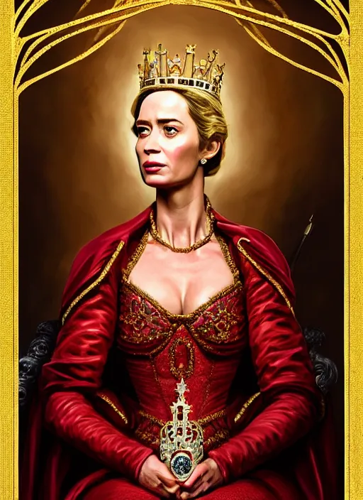 Prompt: portrait of emily blunt as queen on a throne, jewelry, greek, ruby, victorian age, 1 8 9 0, intricate, headshot, key visual, conceptart, ambient lighting, highly detailed, digital painting, artstation, concept art, sharp focus, by makoto shinkai and akihiko yoshida and greg manchess