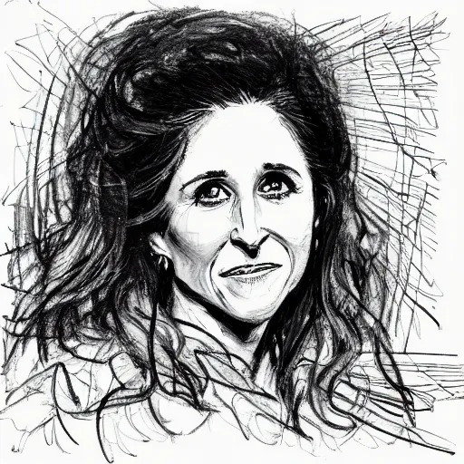 Image similar to a realistic yet scraggly portrait sketch of the side profile of a stern and sophisticated julia louis - dreyfus, trending on artstation, intricate details, in the style of frank auerbach, in the style of sergio aragones, in the style of martin ansin, in the style of david aja, in the style of mattias adolfsson