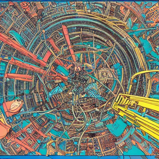 Image similar to hyper detailed aerial top down comic illustration of a man eaten by a machine in the centre of the composition, encircled by cybernetic gateways, by Josan Gonzalez and Geof Darrow and peter doig, very detailed, 4k, highly detailed, 8k wallpaper